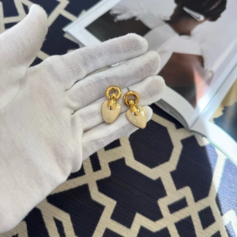 Vintage Givenchy Heart Drop Earrings Gold Tone Cream Enamel Signed